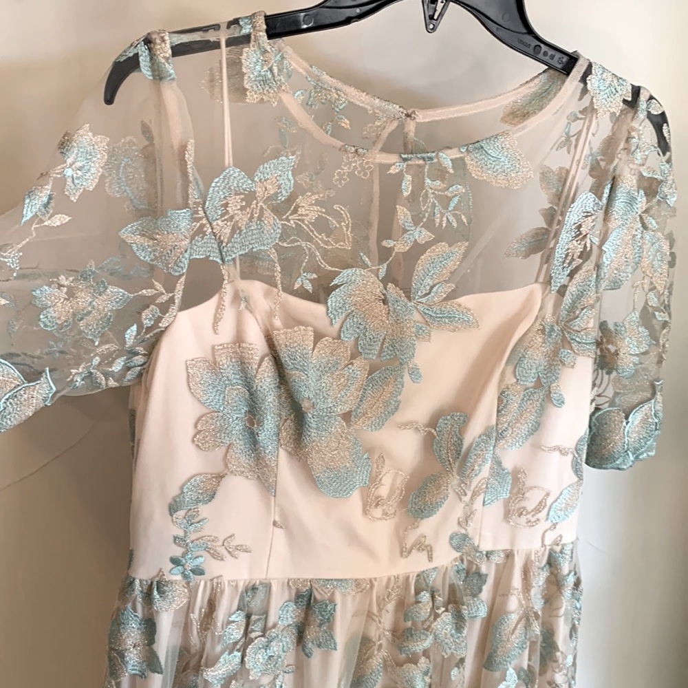 Adriana Papell Champagne and Seagreen Floral Embroidered Wedding Guest Dress